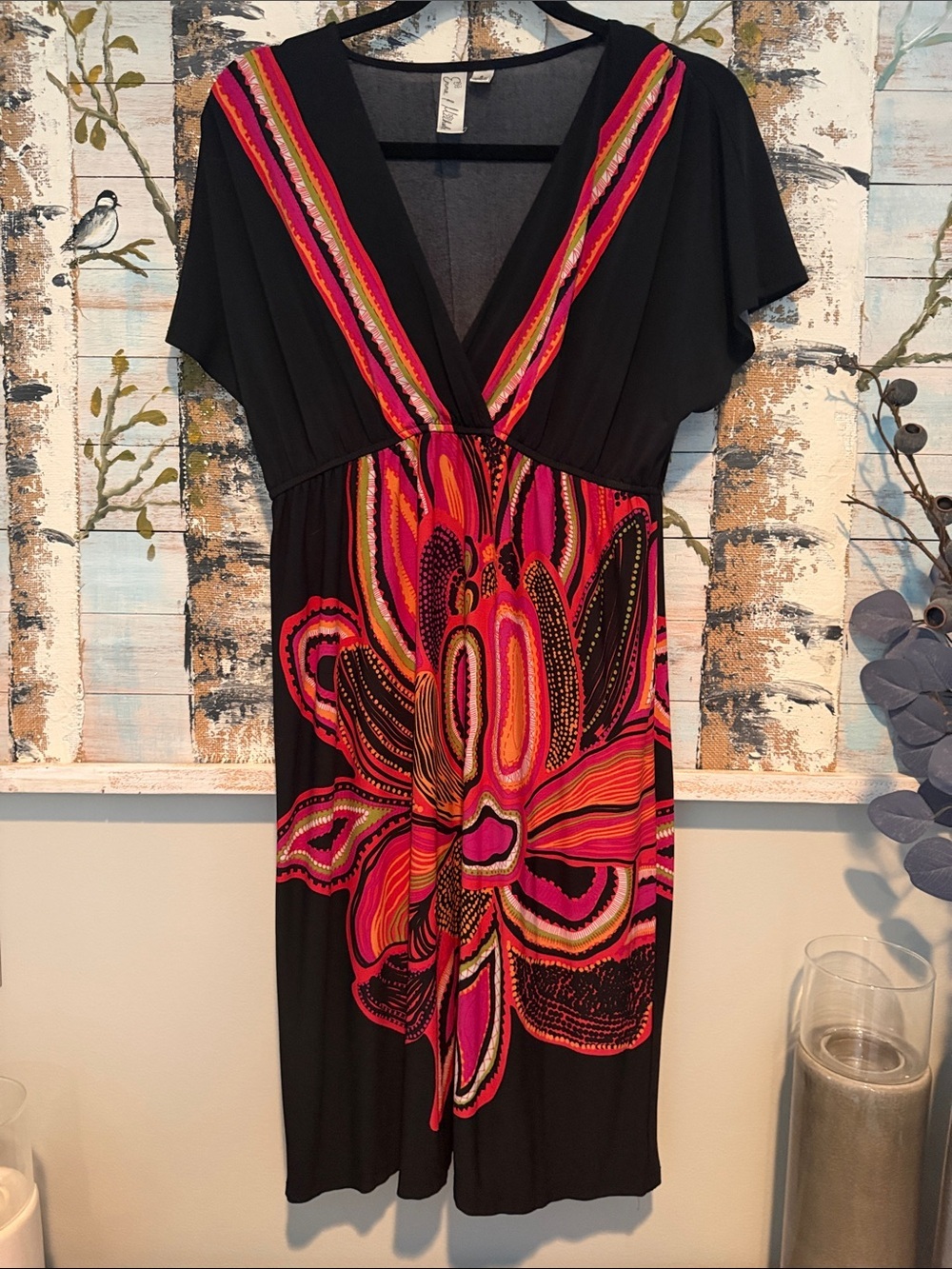 Emma & Michele Black Midi Dress with Pink and Orange Floral Pattern